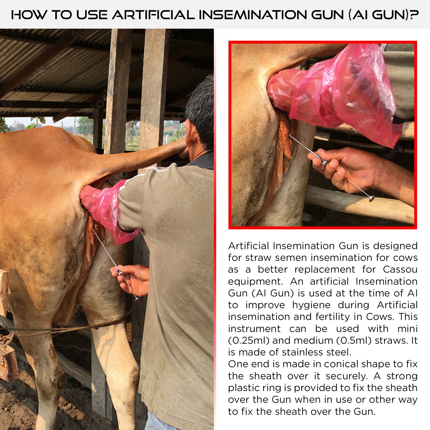 Universal Artificial insemination gun 0.25 ml to 0.50 ml for cattle cow bovine manual semen injection gun embryo transfer gun