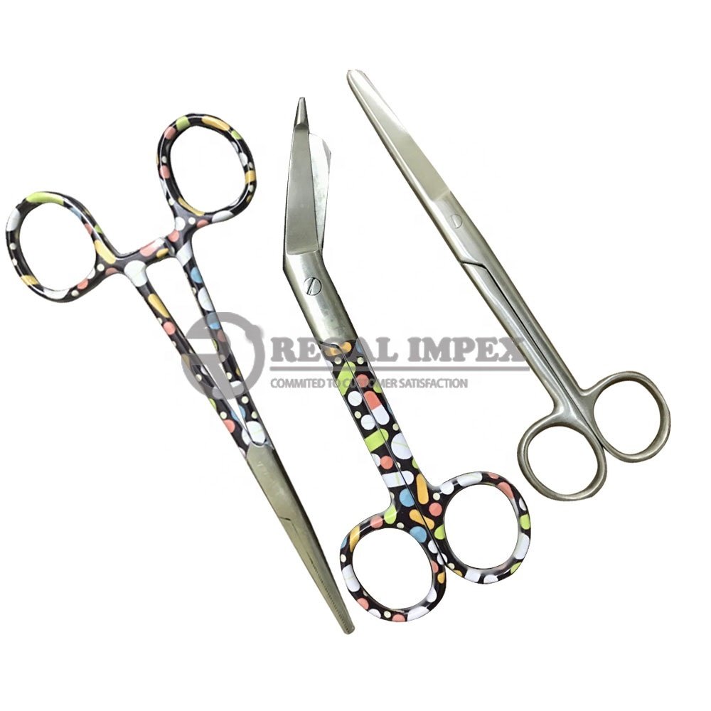 Set of 3 Essential Veterinary Instrument Nursing Scissors for Diagnosis Artery Forceps Bandage Scissor