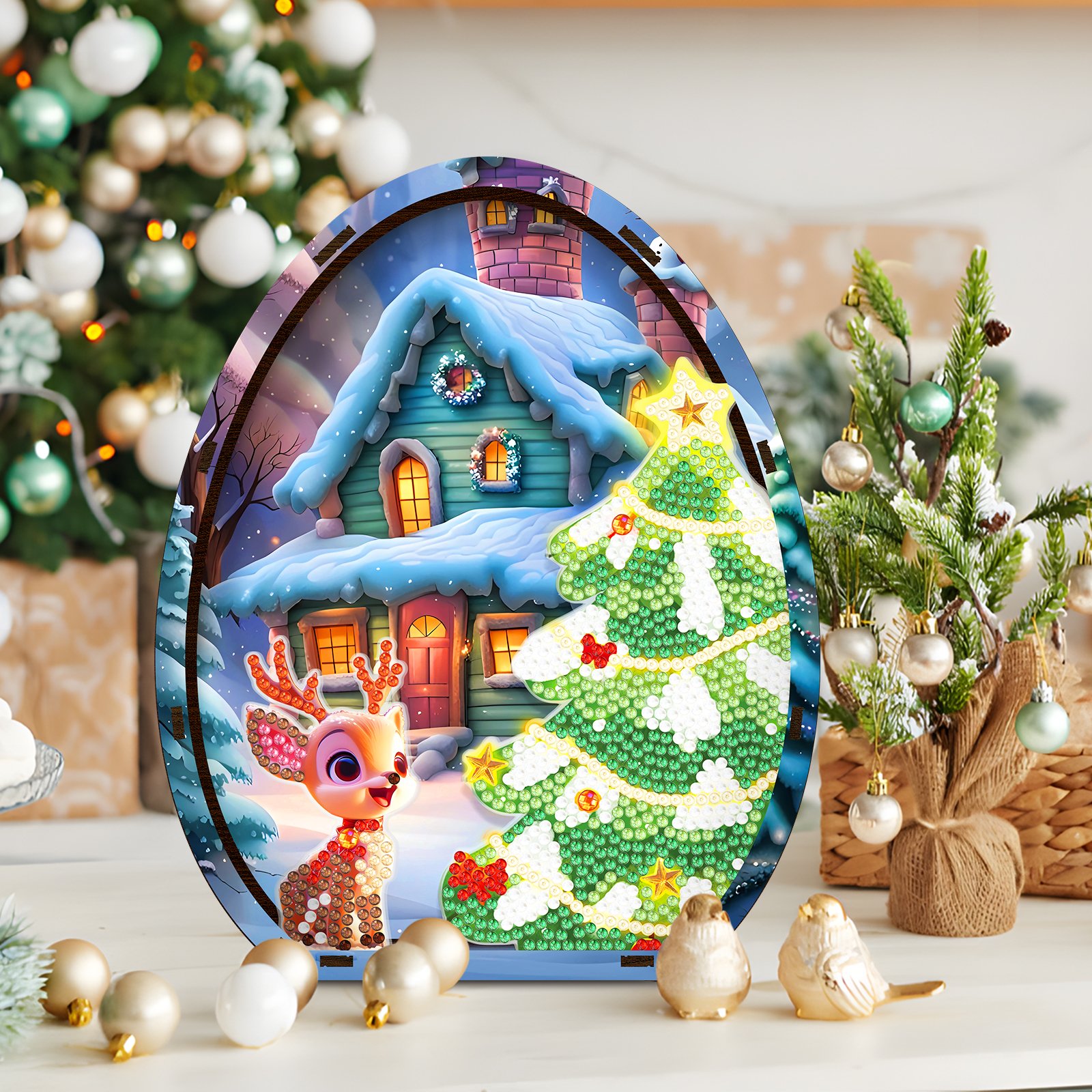 new arrival diamond painting egg shape wooden Christmas deer table craft kit