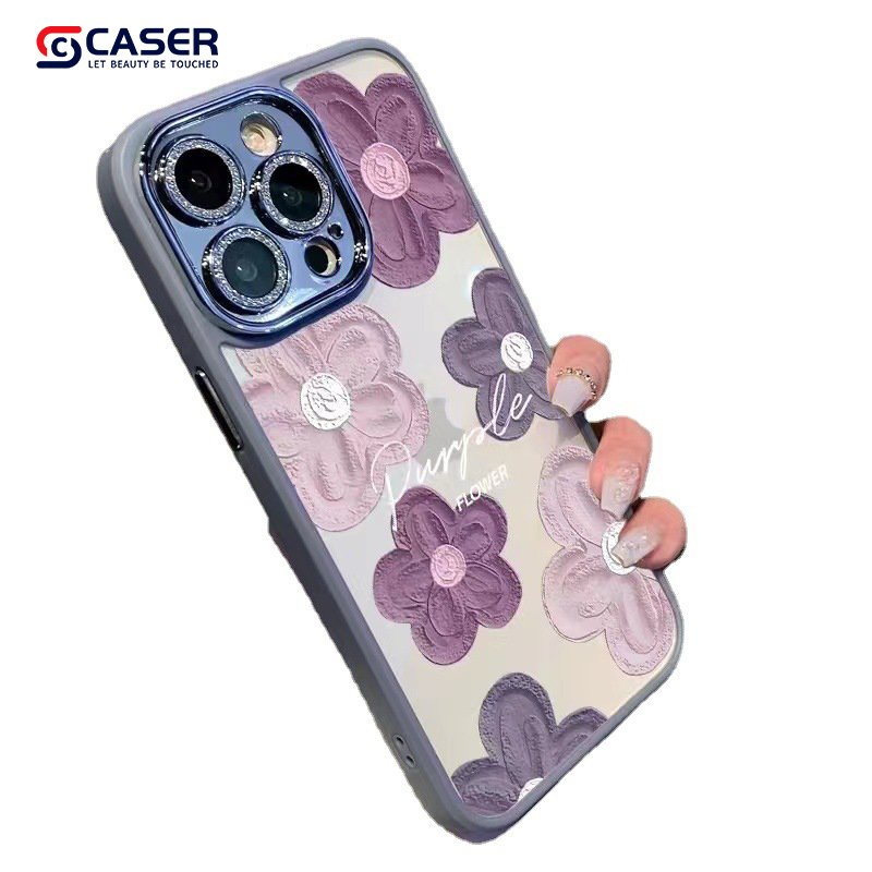 Hot Sell Luxury Purple Oil Painting Flower Cell Phone Case Transparent Diamond Metal Camera Phone Case For Iphone 16 15 14 Pro