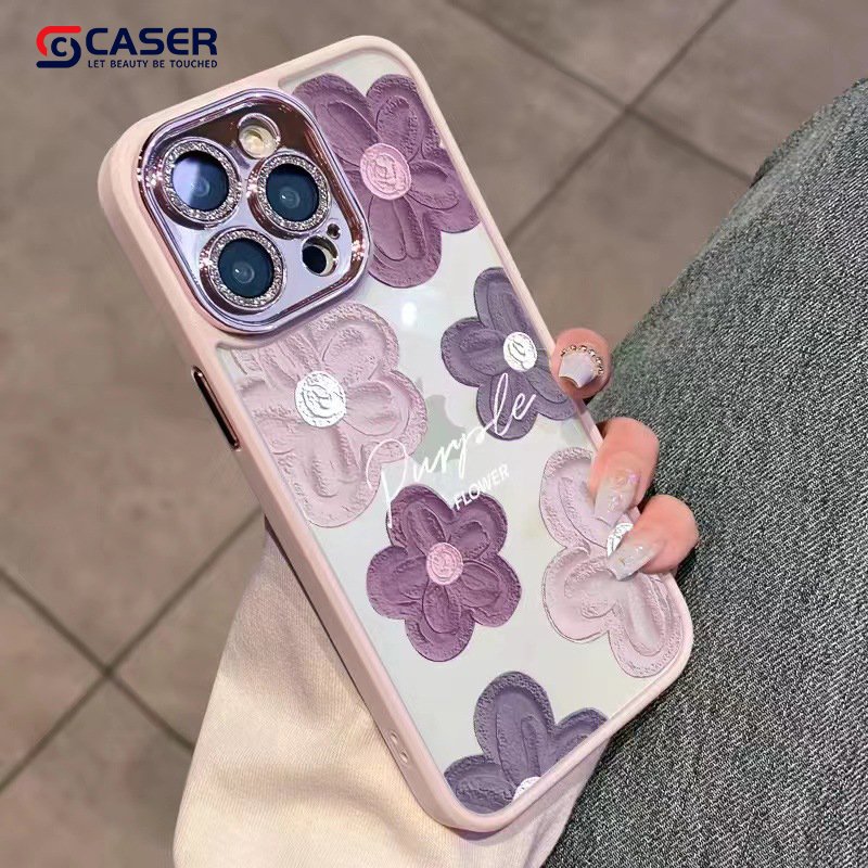 Hot Sell Luxury Purple Oil Painting Flower Cell Phone Case Transparent Diamond Metal Camera Phone Case For Iphone 16 15 14 Pro