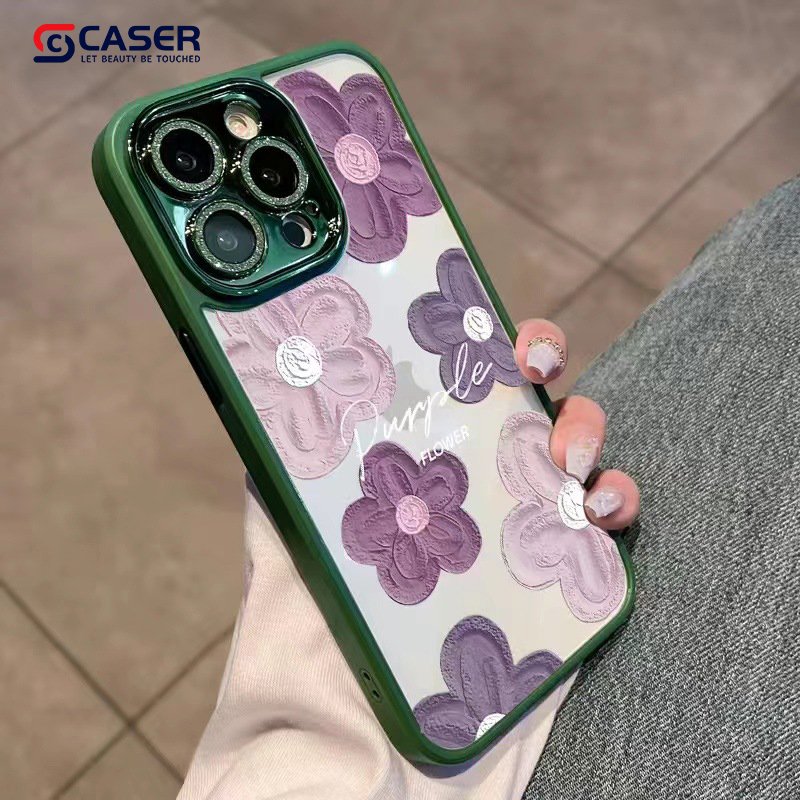 Hot Sell Luxury Purple Oil Painting Flower Cell Phone Case Transparent Diamond Metal Camera Phone Case For Iphone 16 15 14 Pro