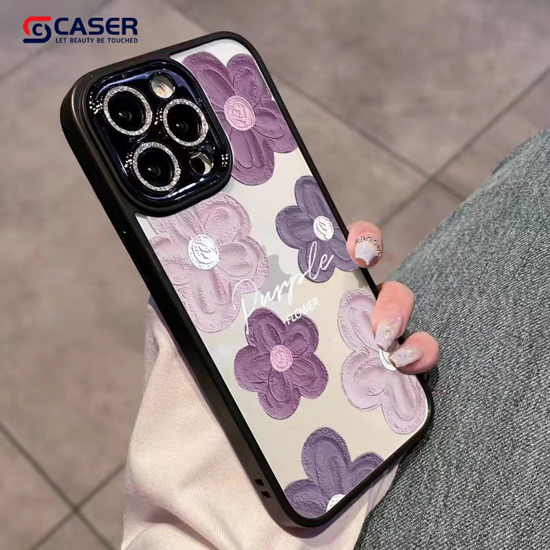 Hot Sell Luxury Purple Oil Painting Flower Cell Phone Case Transparent Diamond Metal Camera Phone Case For Iphone 16 15 14 Pro