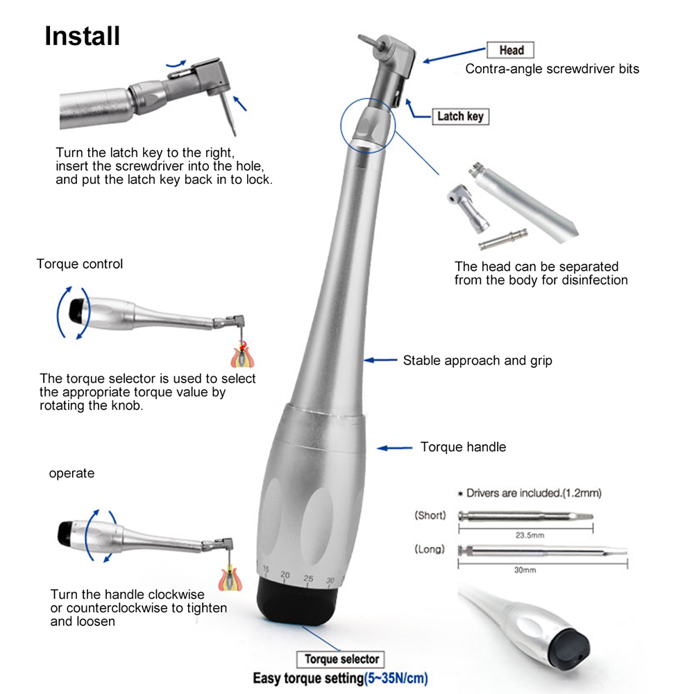 Dentist Tools Torque Wrench Handpiece Ratchet Dental Implant Latch Head Handpiece with 16pcs Drills for Dental Clinic