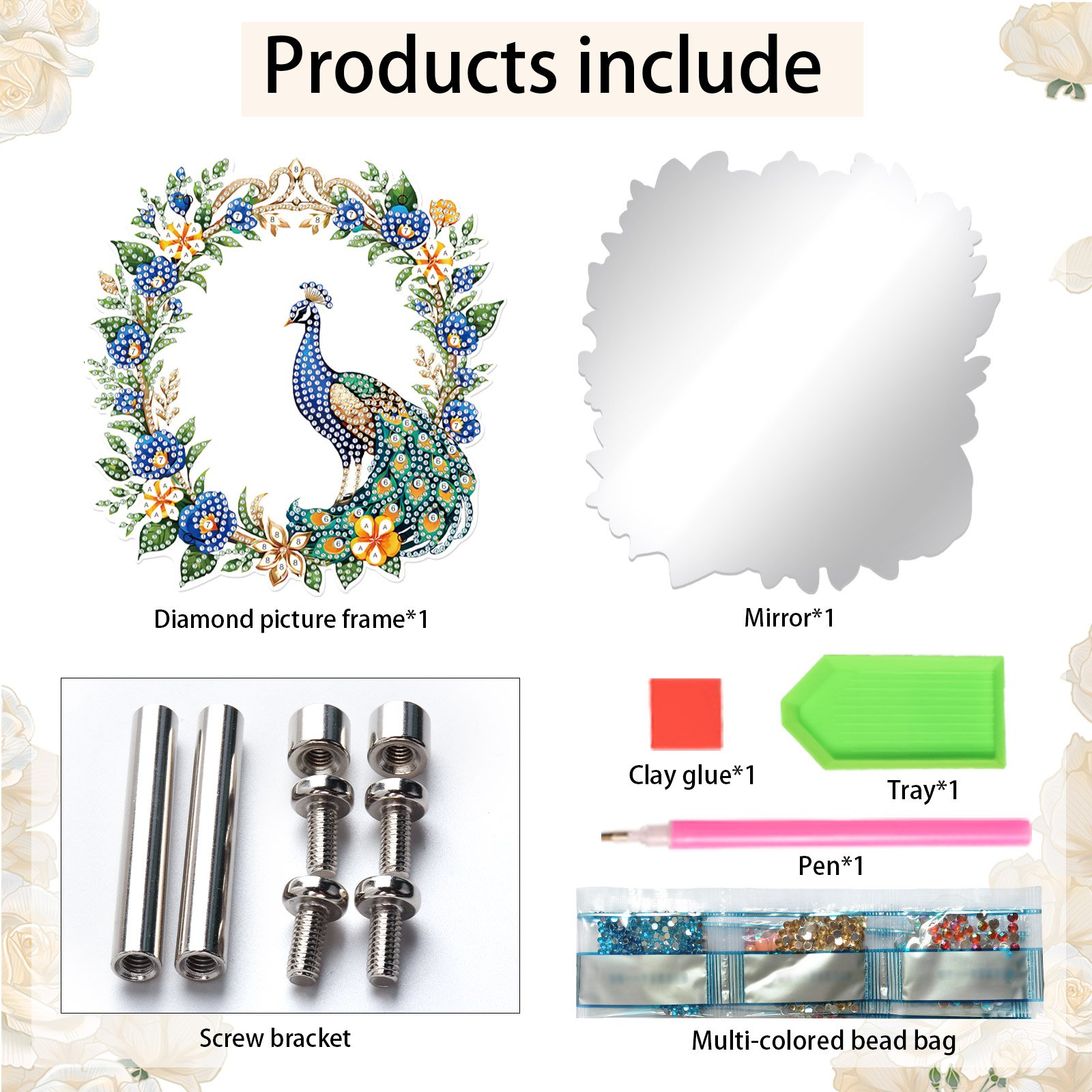 Flower Peacock Diamond Painting Mirror Frame 5D DIY Craft Diamond Art Fashion Accessories