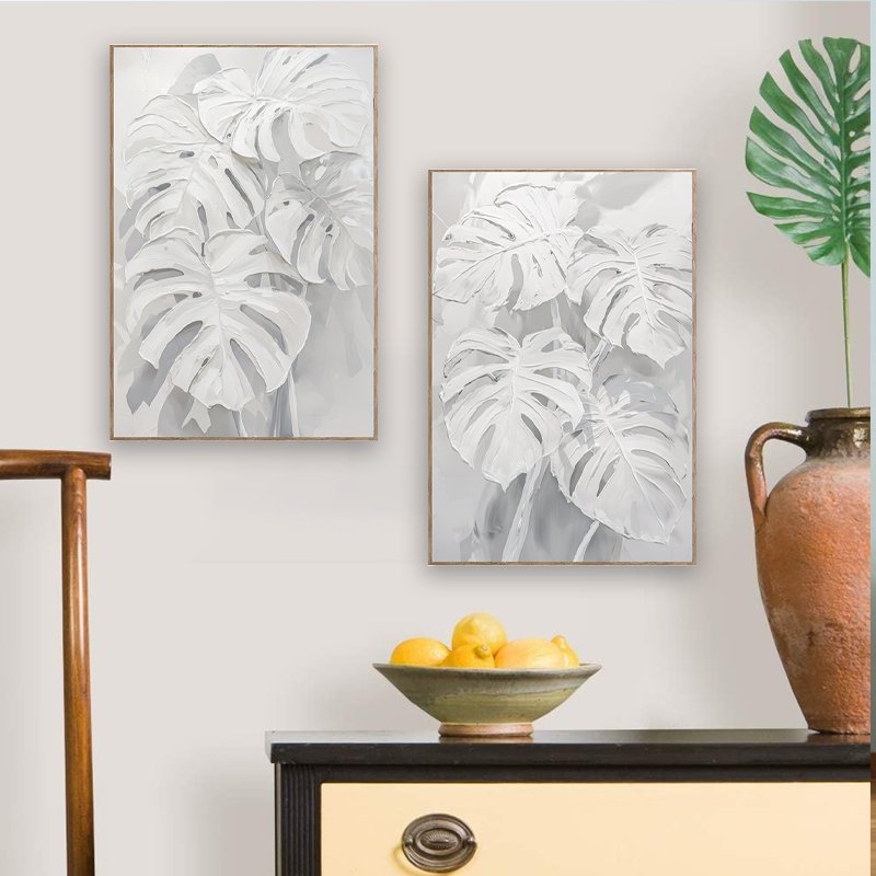 Oil Painting on Canvas 3D Handmade Wall Art Abstract Leaf white Hand Painted Digital Printing Custom Size Home Decor