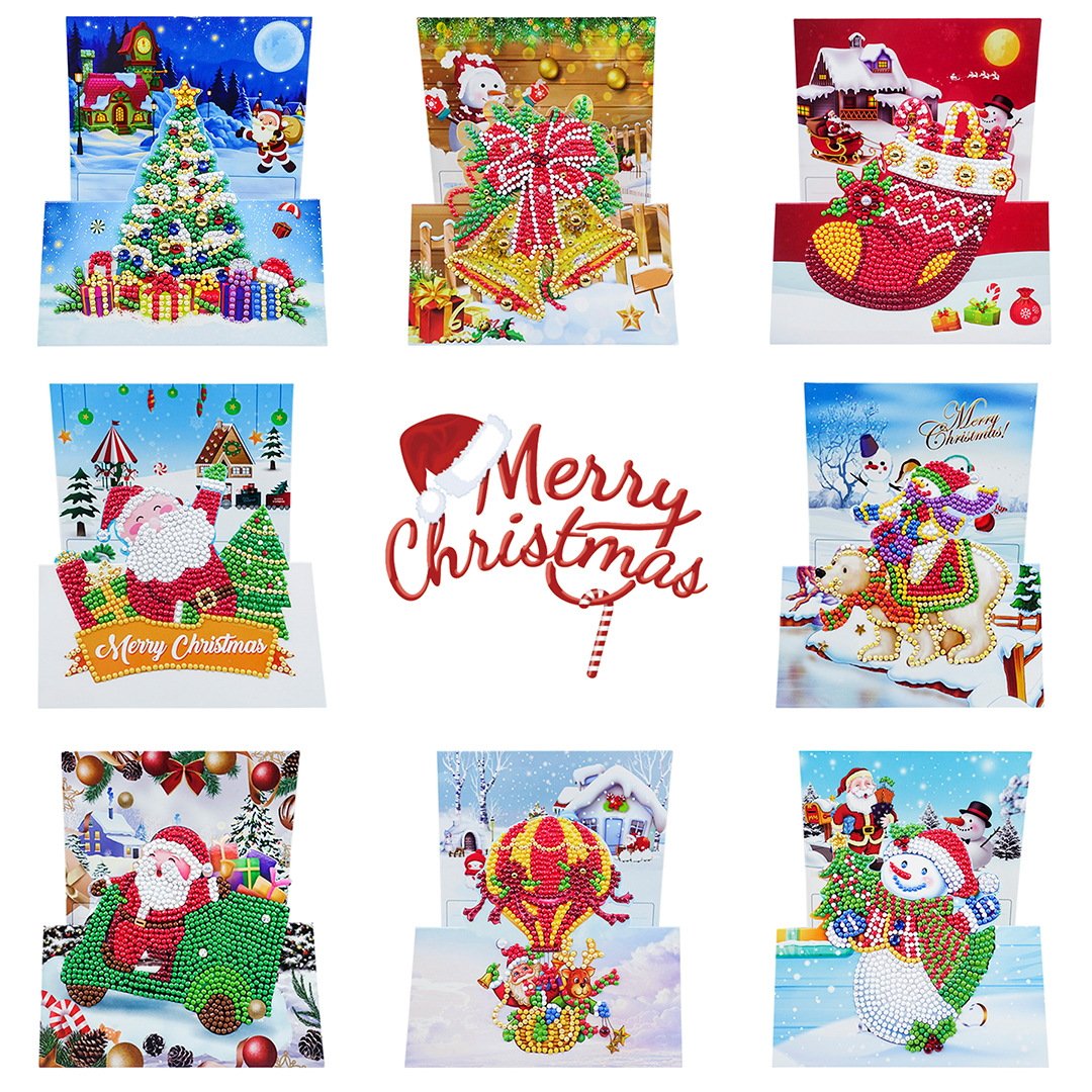8Pcs Diamond Painting Christmas Card 5D Diamond Painting Greeting Card Christmas Kit Round Drill Christmas Diamond Art