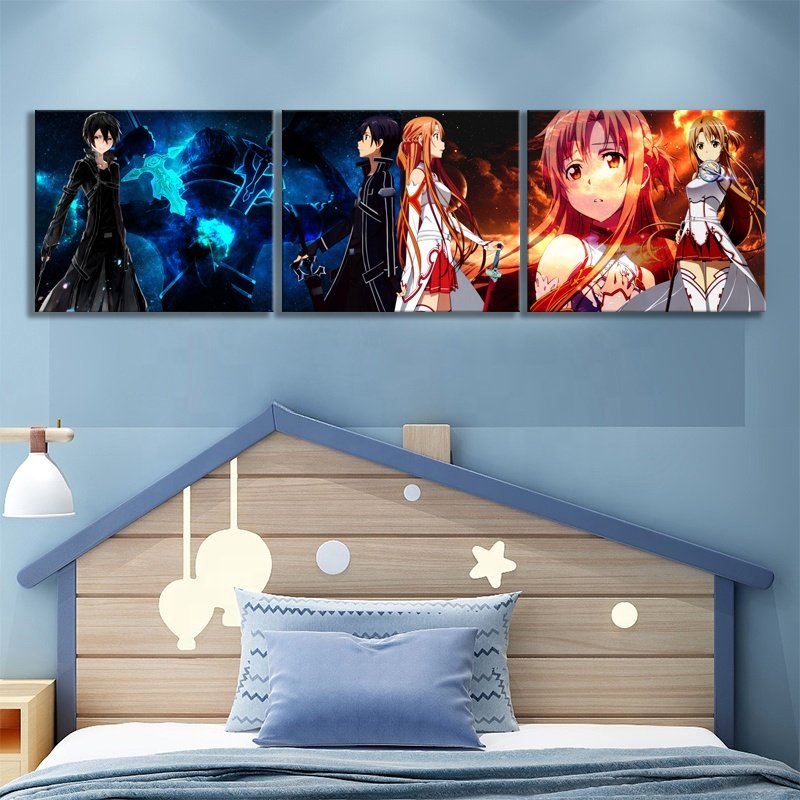 3 Piece Sword Art Online Kirito And Asuna Anime Poster HD Cartoon Wall Picture Canvas Paintings For Bedroom Wall Decor No Frame