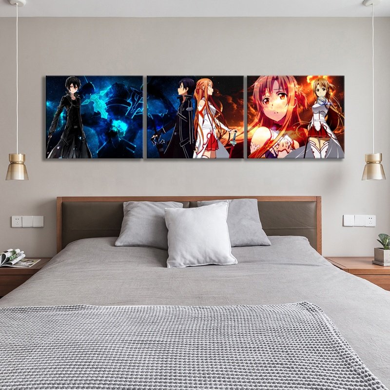 3 Piece Sword Art Online Kirito And Asuna Anime Poster HD Cartoon Wall Picture Canvas Paintings For Bedroom Wall Decor No Frame
