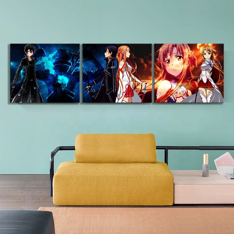 3 Piece Sword Art Online Kirito And Asuna Anime Poster HD Cartoon Wall Picture Canvas Paintings For Bedroom Wall Decor No Frame