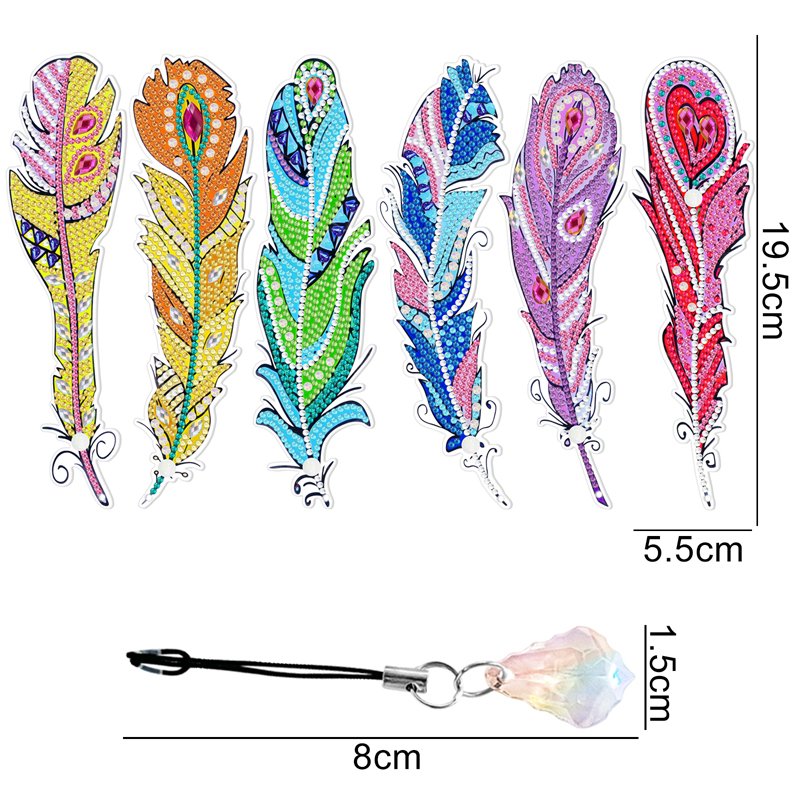5d Diamond Painting Feather Bookmark 6 Pcs Special Shaped Diamond Art Bookmarks with Crystal Pendants