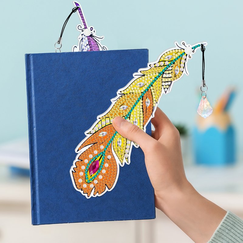 5d Diamond Painting Feather Bookmark 6 Pcs Special Shaped Diamond Art Bookmarks with Crystal Pendants