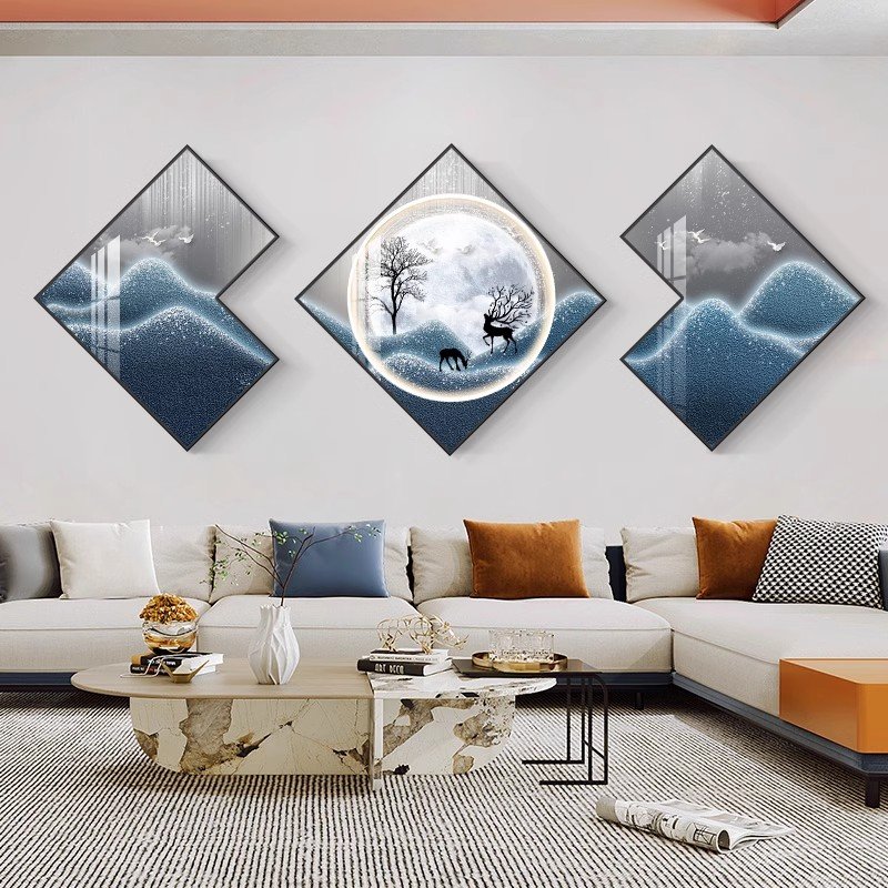 luxury high-end living room decor landscape deer 3pcs diamond shaped nordic abstract pictures modern glass painting wall art
