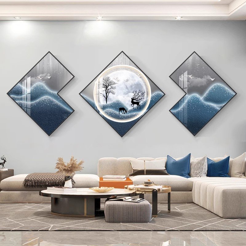 luxury high-end living room decor landscape deer 3pcs diamond shaped nordic abstract pictures modern glass painting wall art
