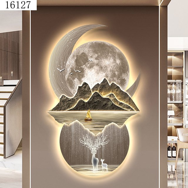 landscape Moon mural with light diamond painting laser engraving crystal porcelain painting wall art home decor