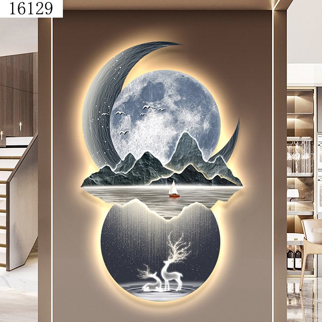 landscape Moon mural with light diamond painting laser engraving crystal porcelain painting wall art home decor