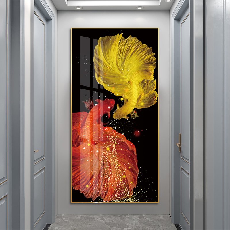 Modern Chinese Goldfish Wall Decoration Tempered Film Crystal Porcelain Painting Printing Bedroom Lucky Fish Natural Artwork