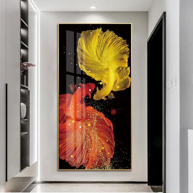 Modern Chinese Goldfish Wall Decoration Tempered Film Crystal Porcelain Painting Printing Bedroom Lucky Fish Natural Artwork
