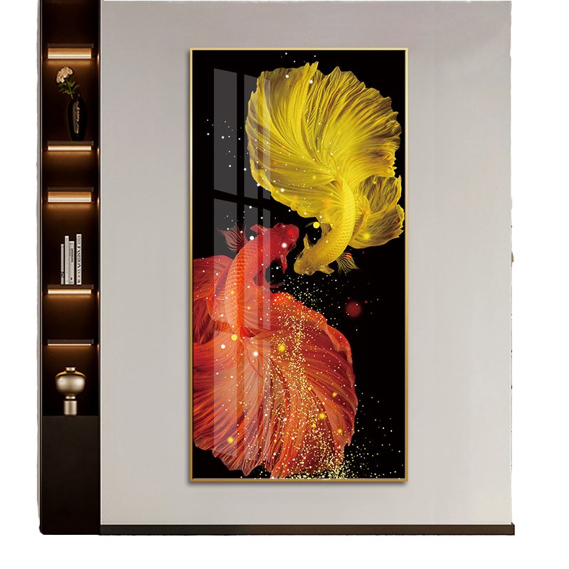 Modern Chinese Goldfish Wall Decoration Tempered Film Crystal Porcelain Painting Printing Bedroom Lucky Fish Natural Artwork