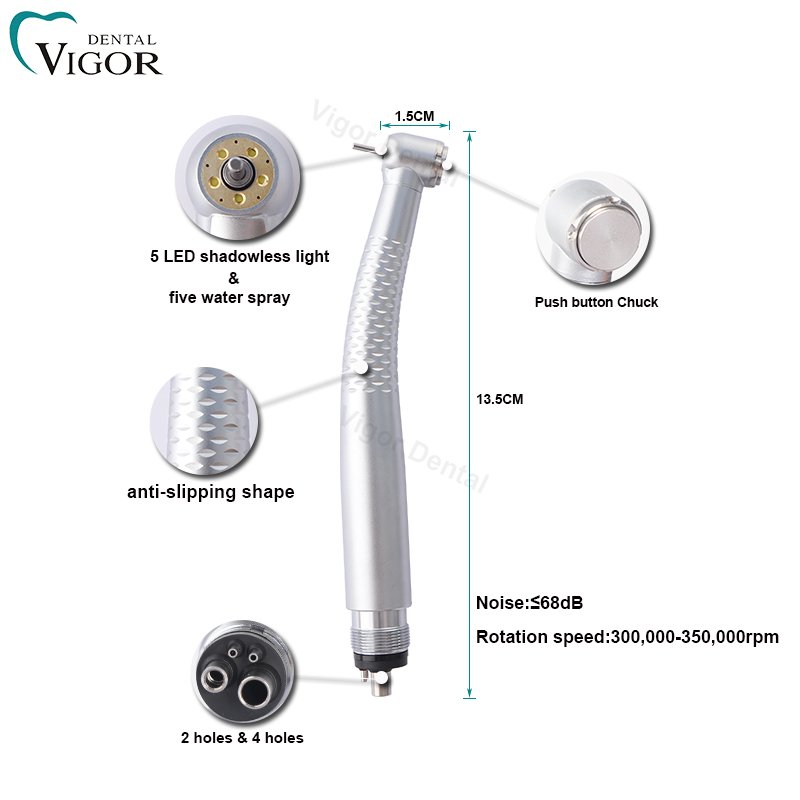 Dental High Speed Handpieces Shadowless 5 Water Spray Push Button with 5 LED Dental Turbine