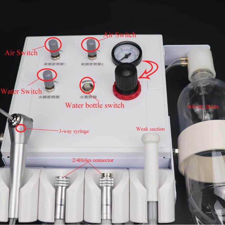 Dental Lab Portable Weak Suction Turbine Unit Air Compressor 3 Way Straw Wall-mounted Turbine 3 Way Syringe 2/4 Holes