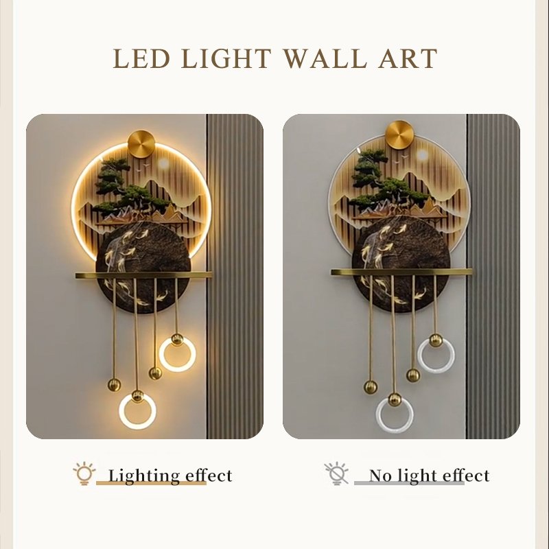 landscape wall arts and paintings with LED lights home decorUV print crystal painting with golden Metal 3D wall decoration light