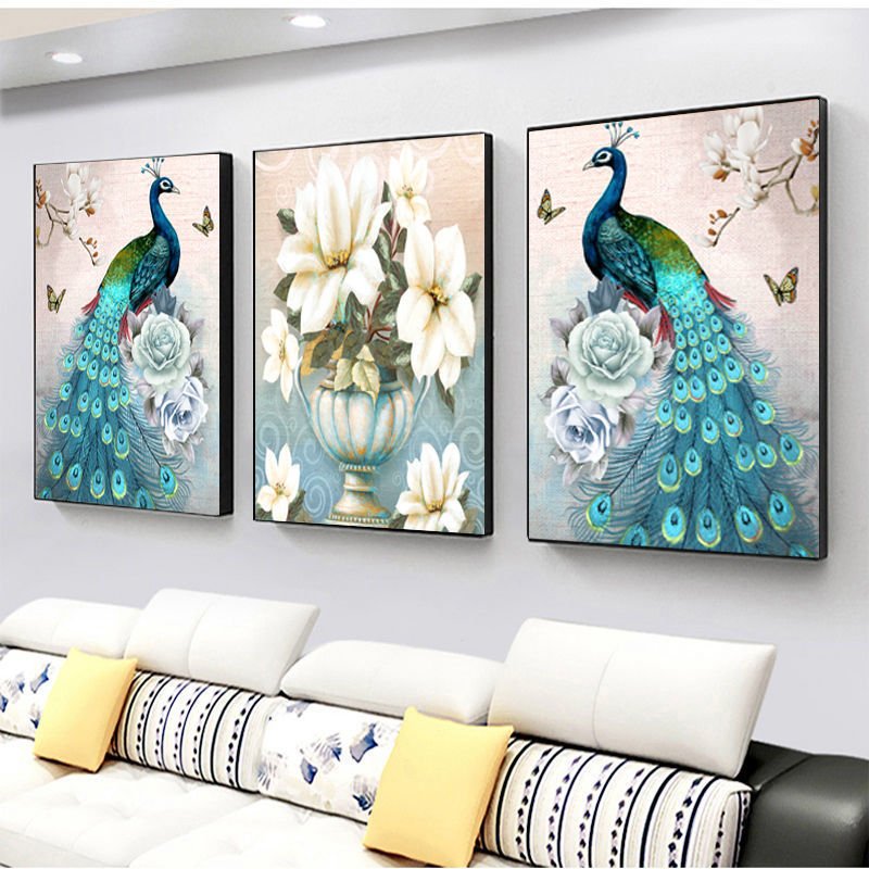 Living Room Decoration Wall Hanging 3pcs/set Frame Crystal Porcelain Diamond Triptych crystal glass art glass painting peacock