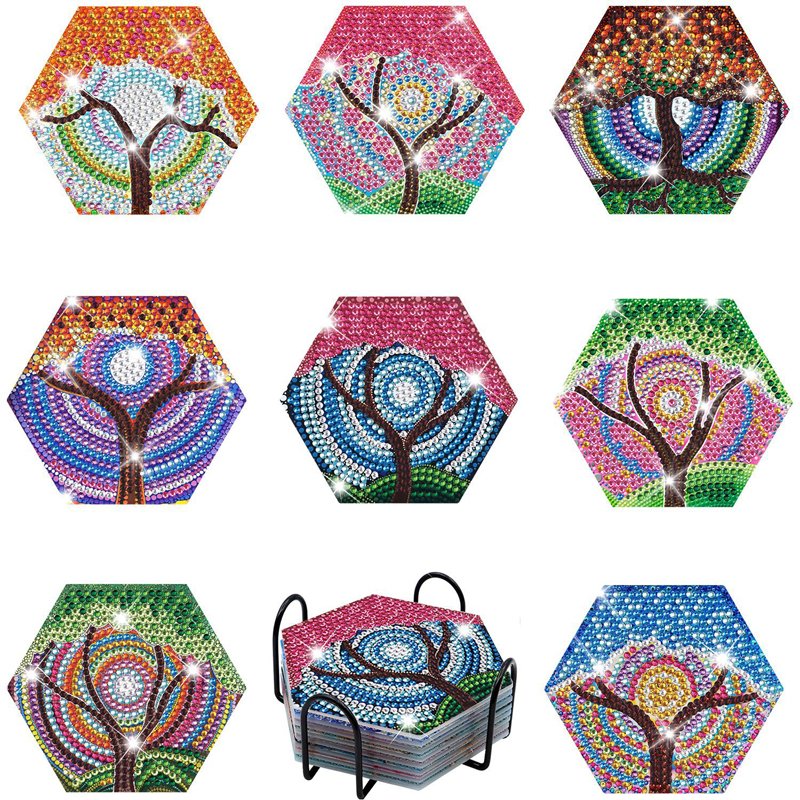 DIY Diamond Painting Coaster With Holder Cup Mat Color Tree Custom Diamond Painting Coaster