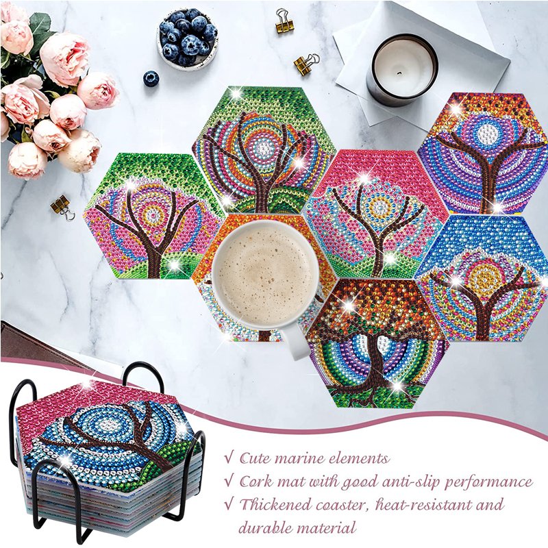 DIY Diamond Painting Coaster With Holder Cup Mat Color Tree Custom Diamond Painting Coaster