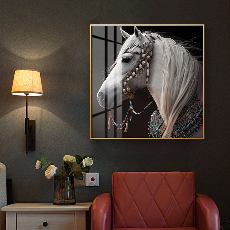 Factory Custom horse Luxury decoration Animal Art Crystal Porcelain Painting Wall Hanging Home Decor Glass Horse Painting