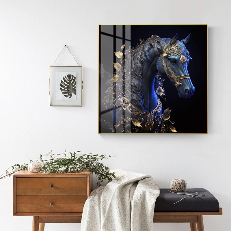 Factory Custom horse Luxury decoration Animal Art Crystal Porcelain Painting Wall Hanging Home Decor Glass Horse Painting