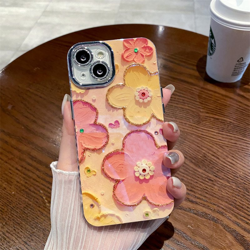 Small fresh blue rhinestone oil painting flower fashion phone case for iPhone15 16promax fall resistant 14 13 12 11