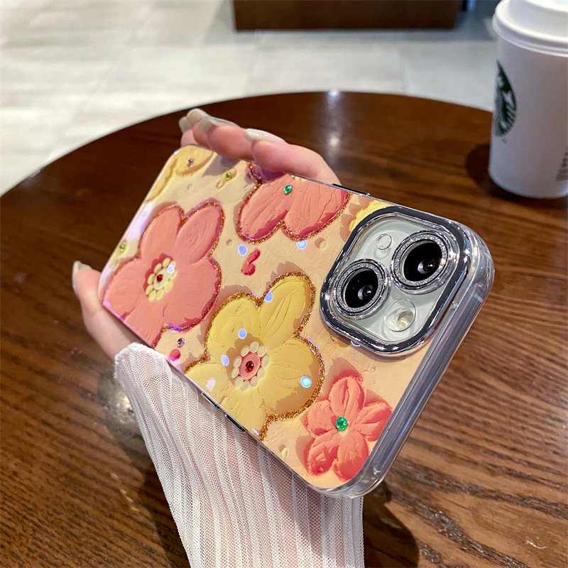 Small fresh blue rhinestone oil painting flower fashion phone case for iPhone15 16promax fall resistant 14 13 12 11