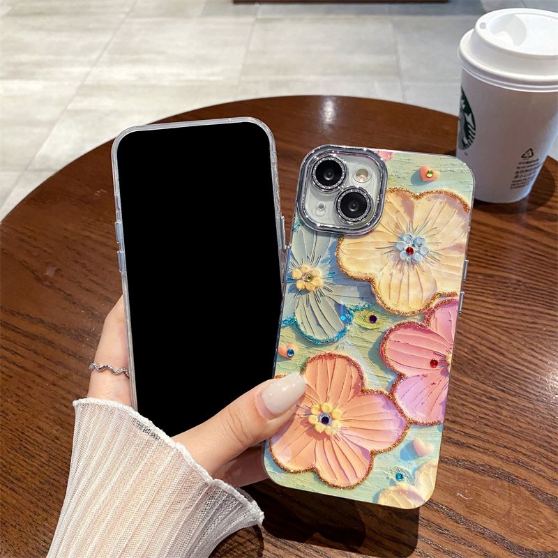 Small fresh blue rhinestone oil painting flower fashion phone case for iPhone15 16promax fall resistant 14 13 12 11