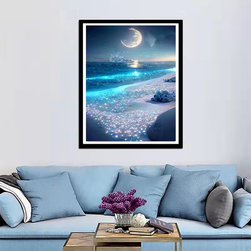 Beach Diamond Art Painting Set Beach Night DIY5D Diamond Painting Moon Painting and Circular Diamond Home Wall Decoration Gift