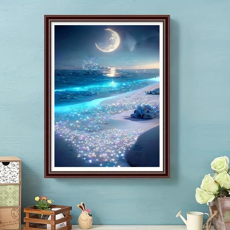 Beach Diamond Art Painting Set Beach Night DIY5D Diamond Painting Moon Painting and Circular Diamond Home Wall Decoration Gift