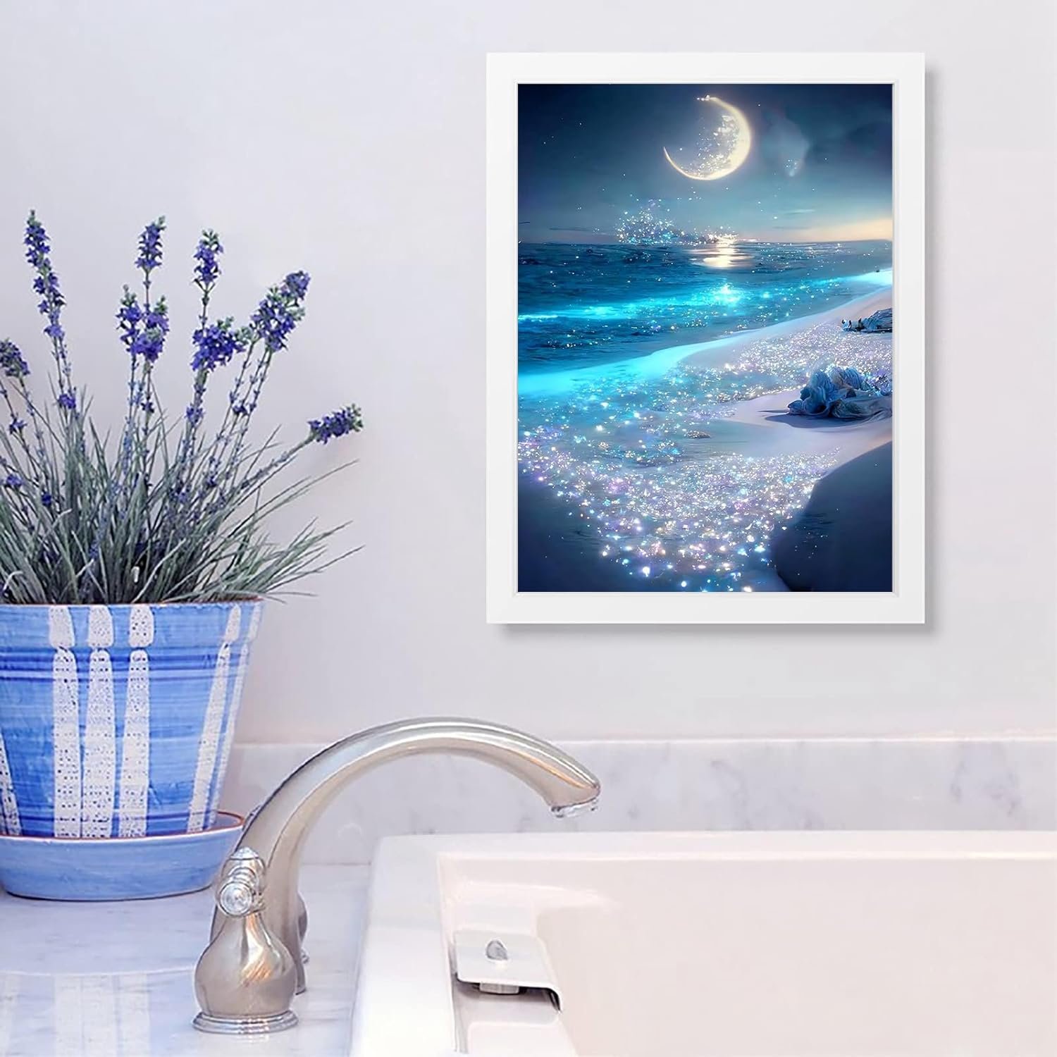 Beach Diamond Art Painting Set Beach Night DIY5D Diamond Painting Moon Painting and Circular Diamond Home Wall Decoration Gift