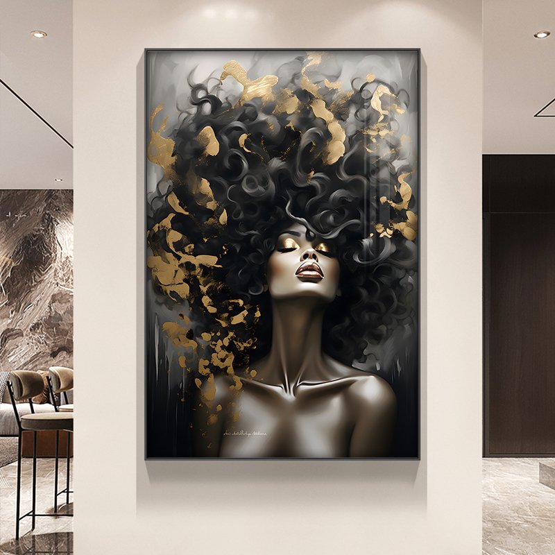 Custom African Female Portrait Decorative Paintings Black and Gold Luxury wall Art Modern Home Living Room Decor Framed