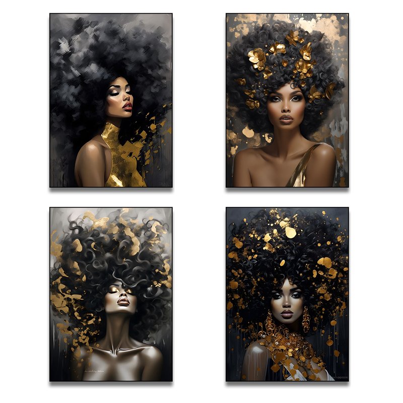 Custom African Female Portrait Decorative Paintings Black and Gold Luxury wall Art Modern Home Living Room Decor Framed