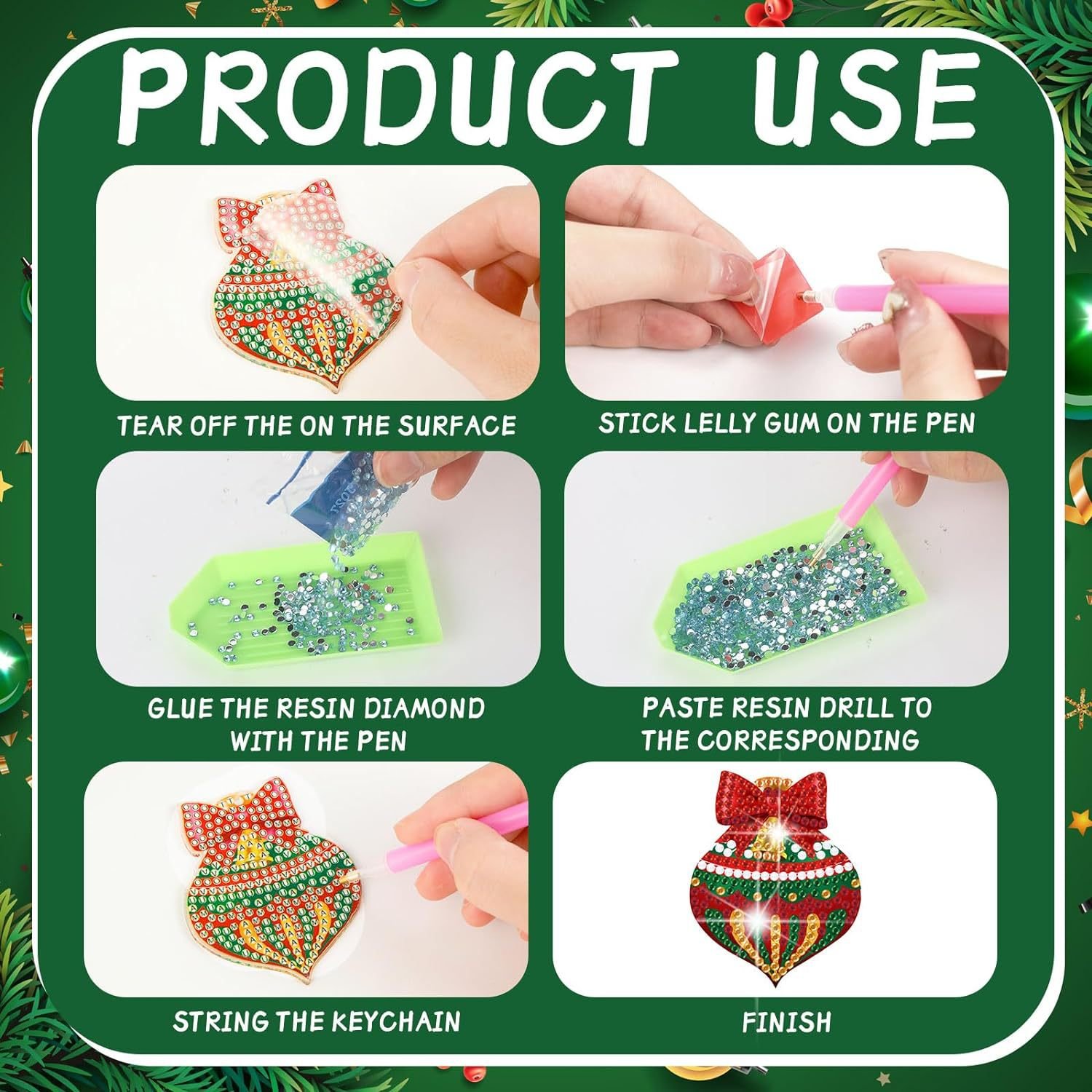 LS Popular 20pcs Christmas Diamond Painting Decoration hanging diy Point Drill Key Chain Pendant Key