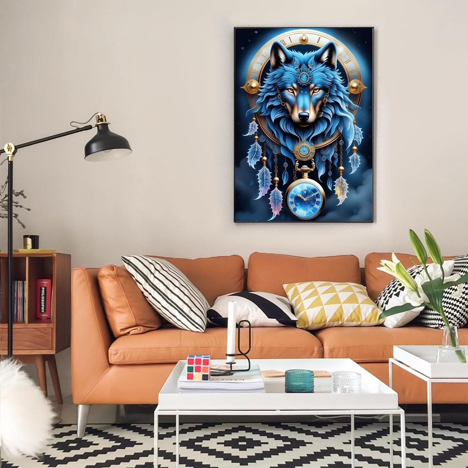 Adult beginner dream catcher diamond art set, wolf DIY 5D round diamond gemstone art, perfect gift for home wall decoration
