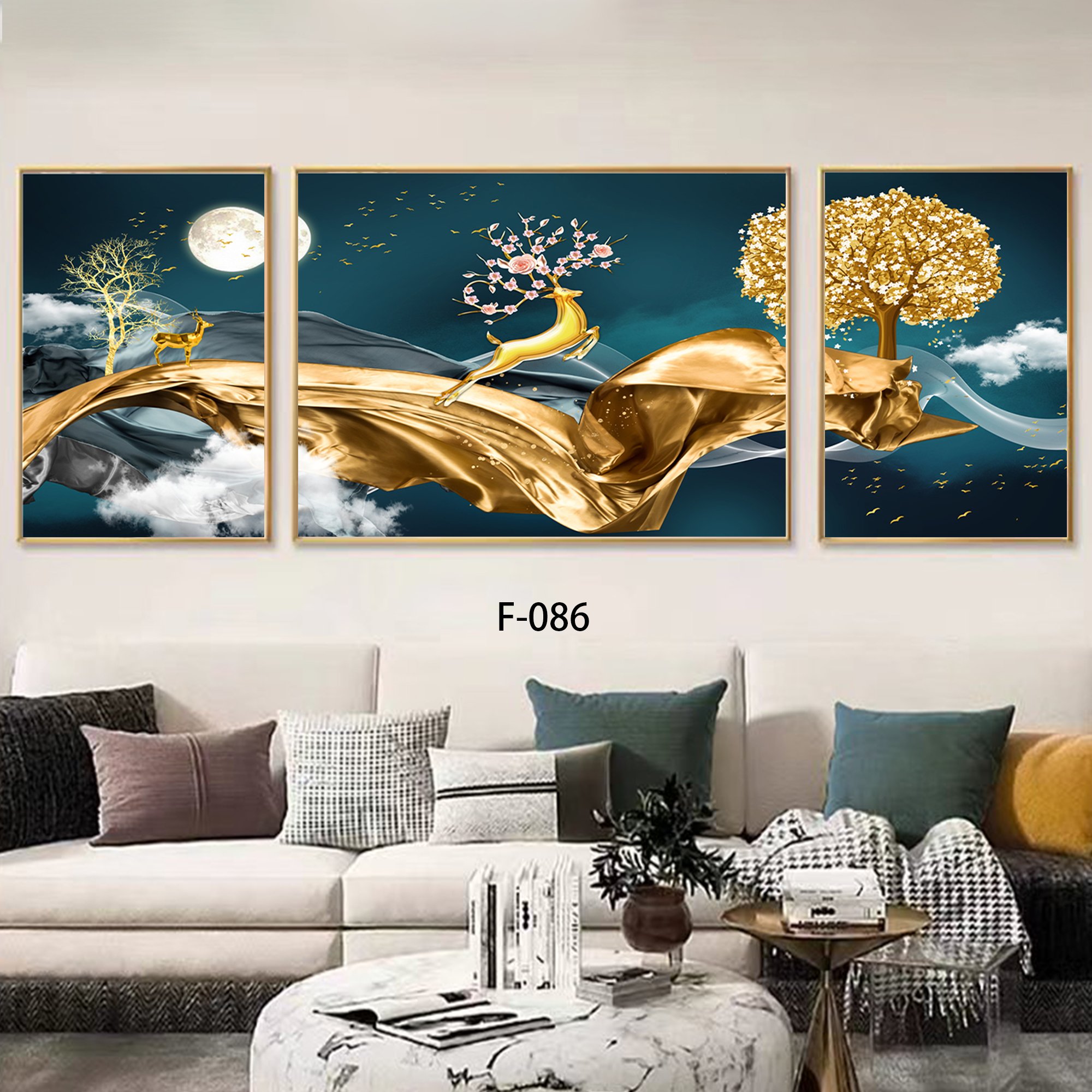 Modern Light Luxury Home Decoration Golden Deer Mural Sofa Background Wall Combination Triple Wall Frame