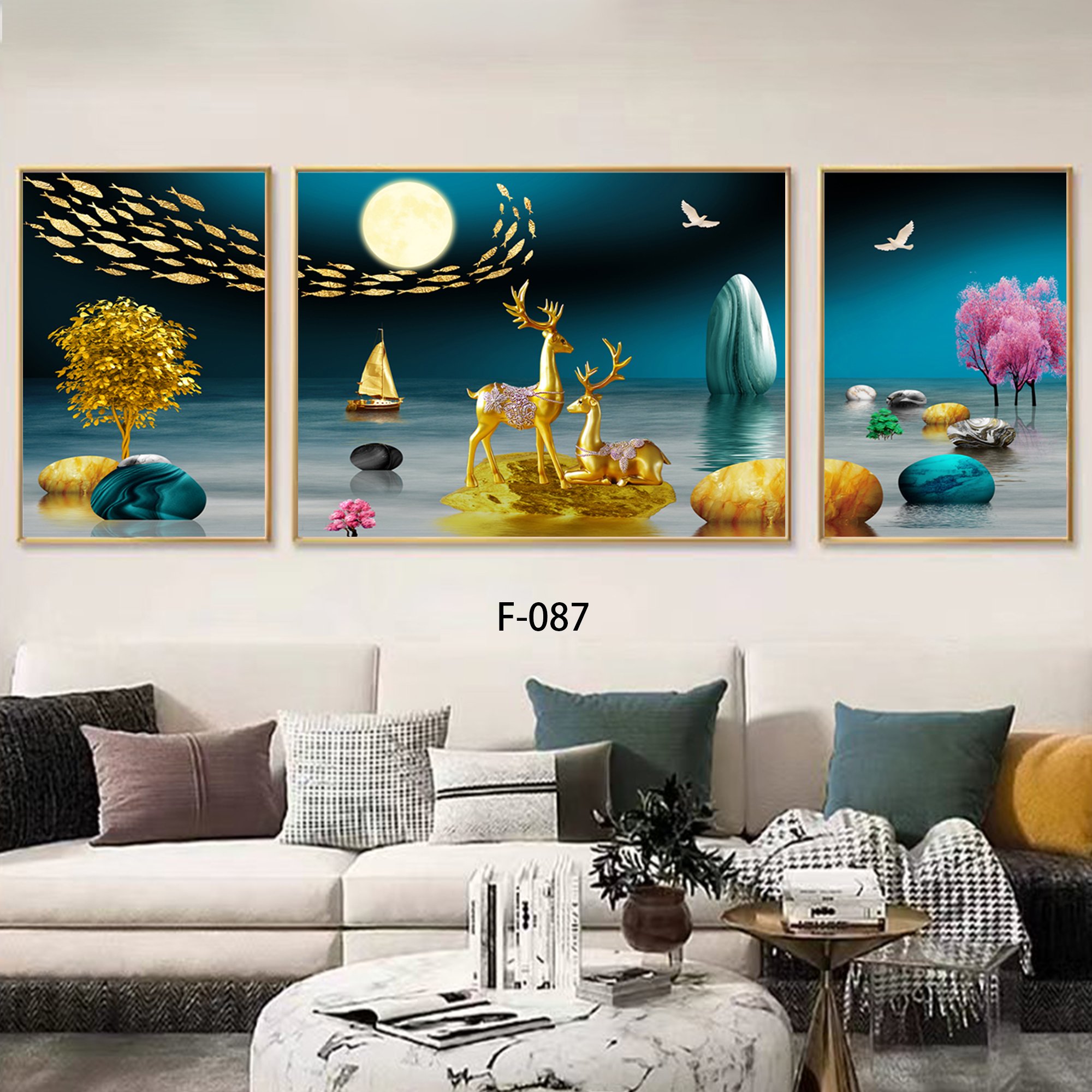Modern Light Luxury Home Decoration Golden Deer Mural Sofa Background Wall Combination Triple Wall Frame