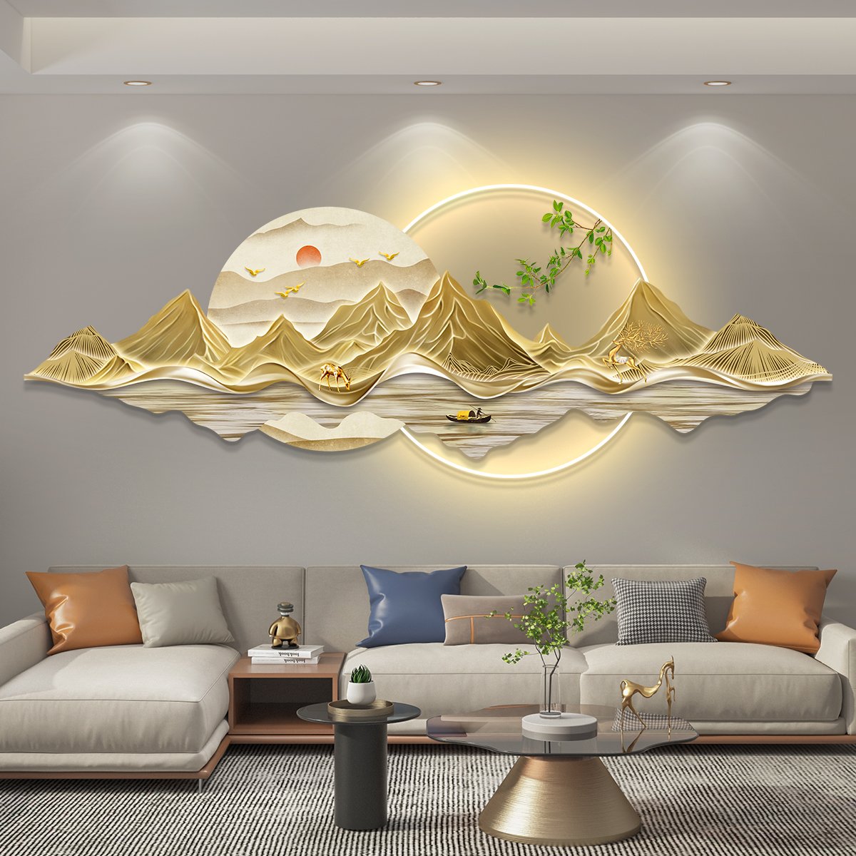 Wholesale of modern luxury landscape LED paintings acrylic gold wall art and home decoration paintings for living room