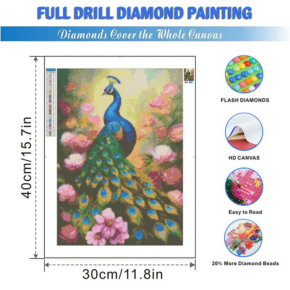 Peacock 5D Diamond Painting Kits for Adults and Kids Beginner DIY Animal round Full Drill Wall Decor Plastic Material