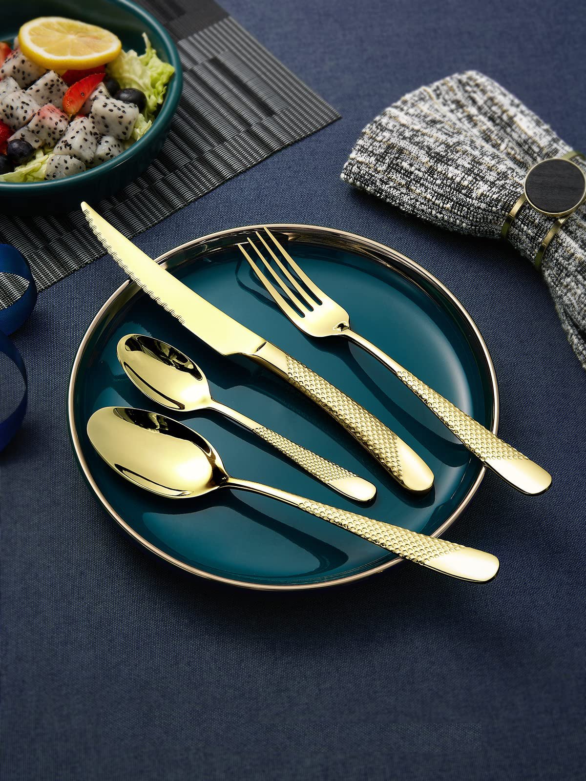 Popular Design Gold Set Flatware Golden Fork Matte Triangle Fruit Pink Goldplated Cutlery