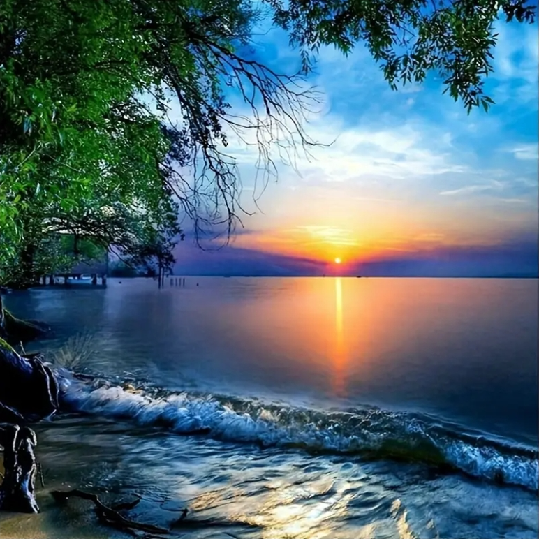 Sunset Seascape 5D Diamond Painting Set - Round Diamonds, Canvas Materials, Crafts & Art Supplies