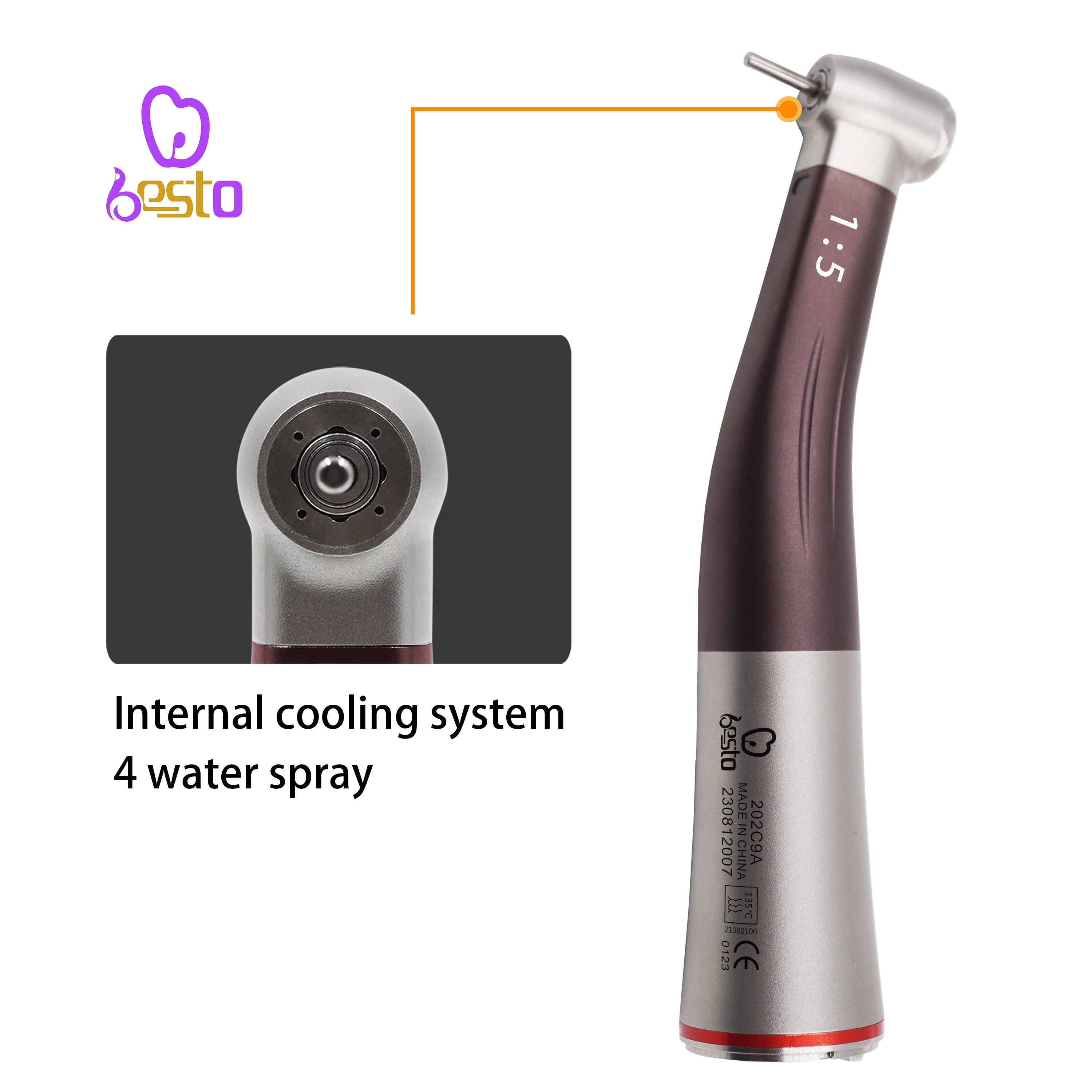 Dental Handpiece Brown Color 1:5 Fiber Optic Increasing 4 Water Spray Contra Angle Low Speed Handpiece for Electric Motor