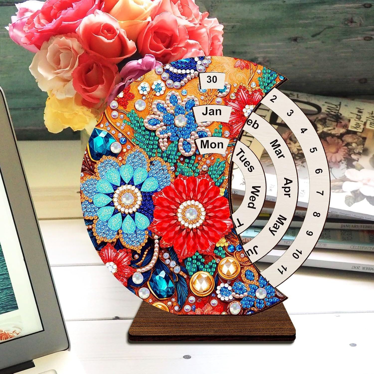 DIY Diamond Perpetual Calendar Diamond Art Painting Wooden Manual Rotating Calendar Ornament Desk Round Perpetual Calendar