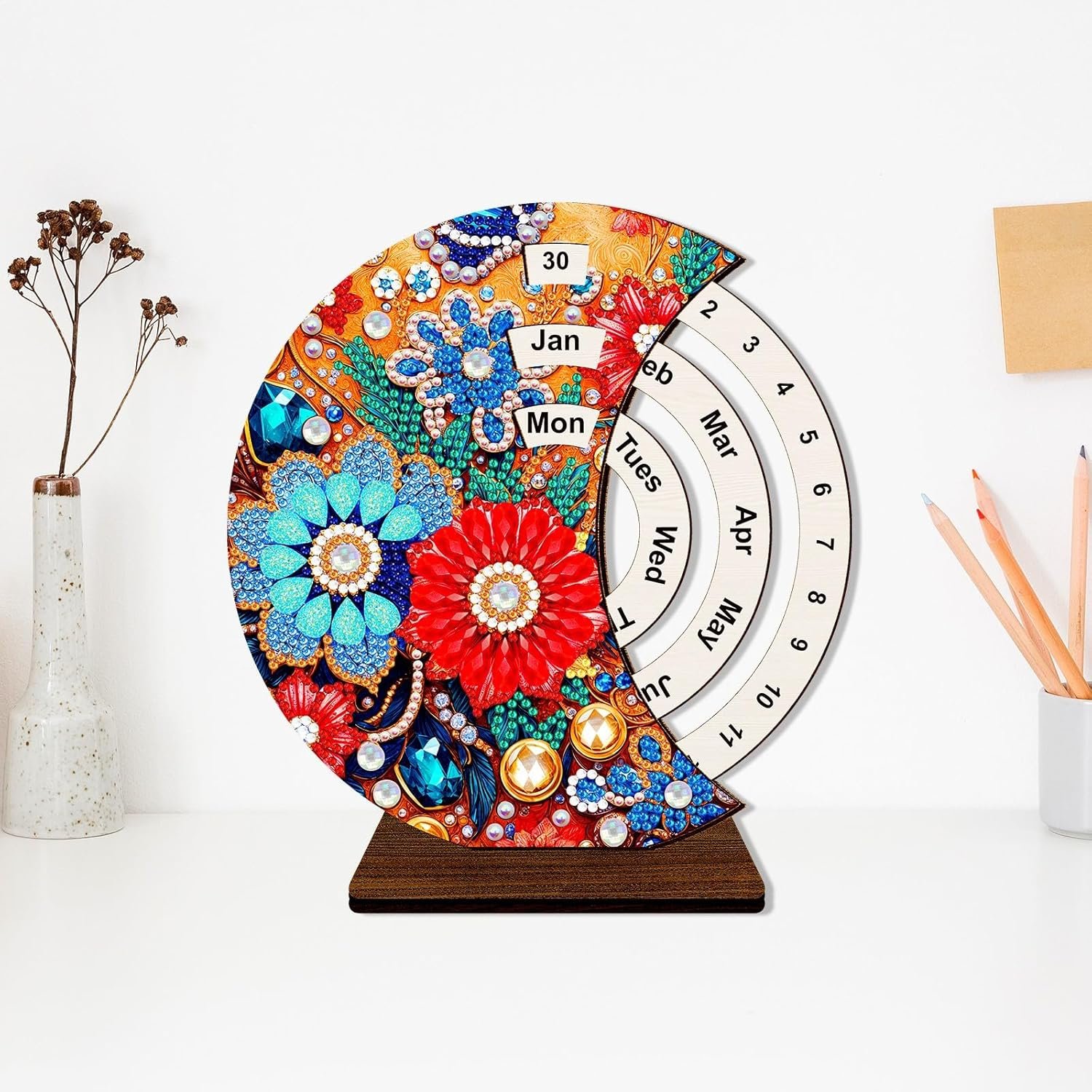 DIY Diamond Perpetual Calendar Diamond Art Painting Wooden Manual Rotating Calendar Ornament Desk Round Perpetual Calendar